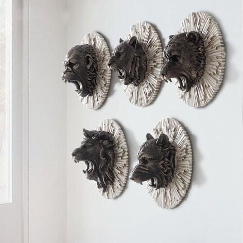 Home Statue Decoration Accessories Vintage King Kong Tiger Head Sculpture Room Wall Decor Resin Animal American Bear Wolf Statue