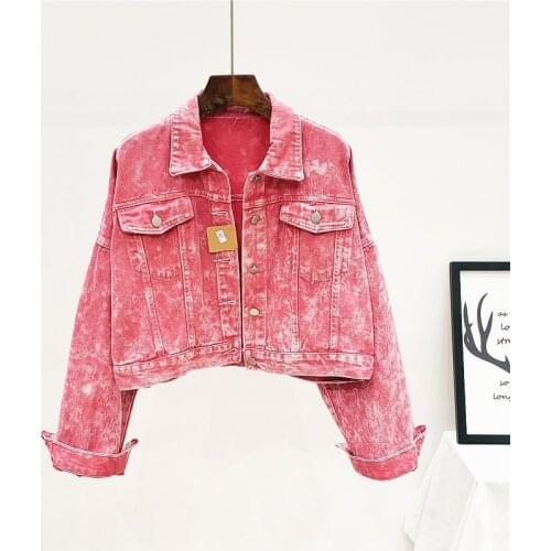 Fad Spring Short Wash Pink And Yellow Denim Jacket Women Loose Outerwear Long Sleeve Streetwear Jeans Jacket Female Basic Coat