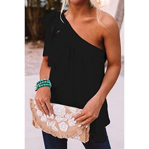 Summer Wild Sexy One Shoulder Tank Tops Sleeveless Solid Color Bowknot Slant Collar Ruffle Casual Fit Vest for Ladies