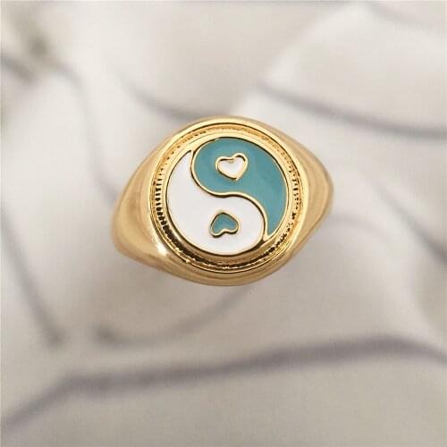 Trendy Gold Color Plating Heart YinYang In White Greenblue Round Circle Ring For Women Girl Elegant Gorgeous Jewelry Accessory