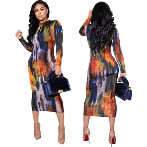 Fashion Multicolor Tie-dye Fitness Dresses Long Sleeve Round Neck Bodycon Dress Party Clubwear Women Casual Office Lady Outfits