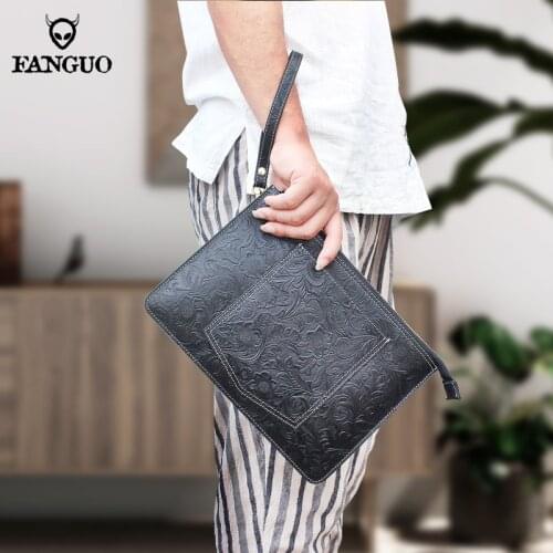 Cow Genuine Leather Clutch Wallet For Men Handmade Storage Business Handbag Waist Pack Retro Hand Bag Male Pouch