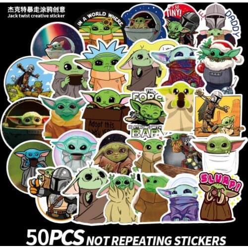 50Pcs Disney Baby Yoda Tattoo Stickers Cartoon Action Figure Star Wars Kawaii Waterproof Funny Sticker for Luggage Laptop Kids