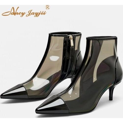 Female Shoes Adult Clear PVC Grey Lady Black Boots Zipper Ankle Slip-On Pointed Toe High thin heels Spring/Autumn Bling Sexy2018