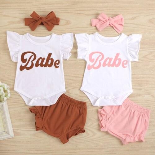 Three Piece Baby Girl’s Clothes Fashion Letter Fly Sleeve Romper and Solid Color Shorts with Headband