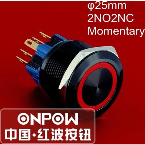 ONPOW 25mm 2NO2NC Momentary Aluminium Alloy black anodized ring LED Metal Push button switch (GQ25-22E/R/12V/A) CE, ROHS