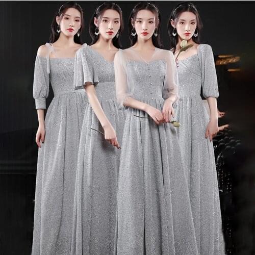 Bridesmaids Dresses Illusion Sequined Button A-Line V-Neck Tulle Floor-Length Luxury Gray Vintage Women Wedding Party Gown E357