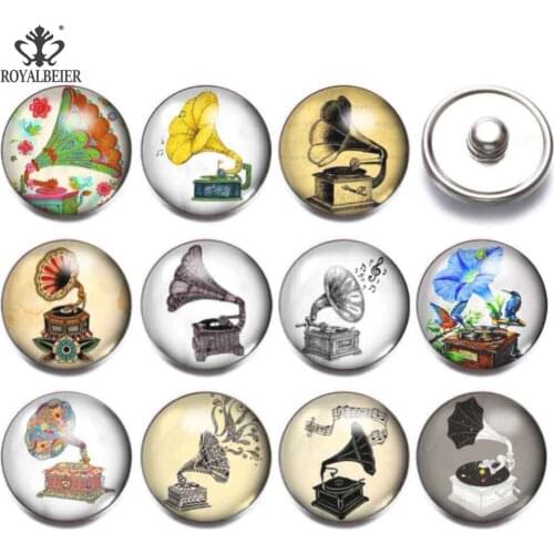 RoyalBeier 12pcs/lot Ghonograph Button 18mm Glass Snap Button Jewelry Gramophone Charms Fit DIY Bracelet Necklace Snaps Jewelry