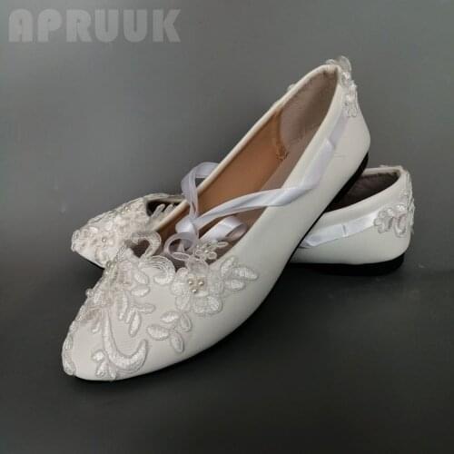 Wedding flats shoes bride handmade plus size ankle riband straps sexy lace pearls white bridal bridesmaid wedding flats shoes