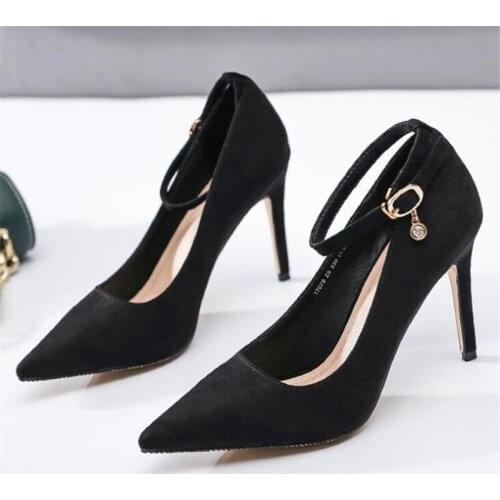 Pumps Women Shoes Buckle Strap Flock Slip-On Shallow Wedding Party Pointed Toe 9CM Thin High Heels Pump Chaussures Femme