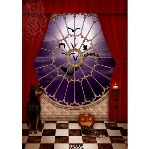 Pumpkin Red Curtain Photographic Backgrounds For Photo Moon Beyond Window Halloween Vinyl Photography Backdrops for Photo Studio
