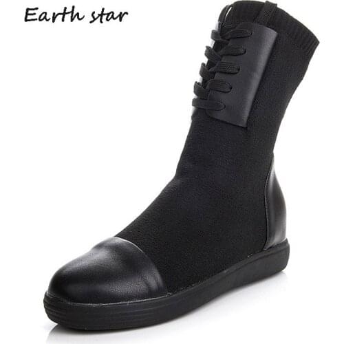 Increasing Shoes Women Fashion Brand Elasticity Boots Lady Autumn chaussure Girl Knitting footware Black Mid Calf Boots Med Heel