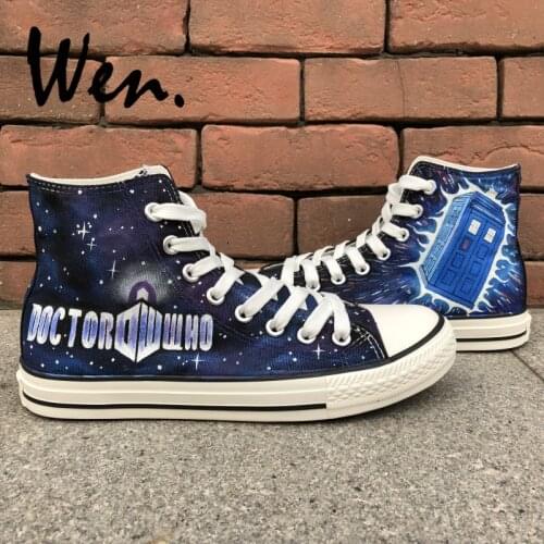 Wen Hand Painted Shoes Design Custom Doctor Who Logo Tardis High Top Men Canvas Sneakers Women Platform Plimsolls Trainer