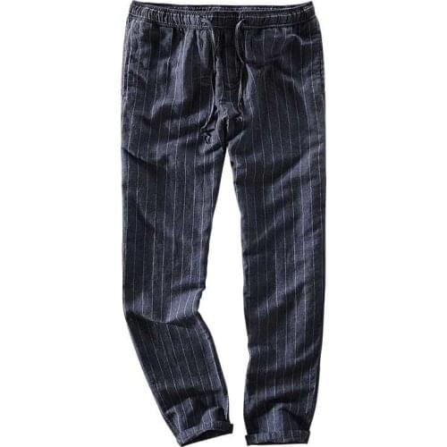 Japan Style Summer Stripped Linen Pants Men Casual Hip Hop Harem Pants Elastic Waist Loose Baggy Leisure Trousers Male Joggers