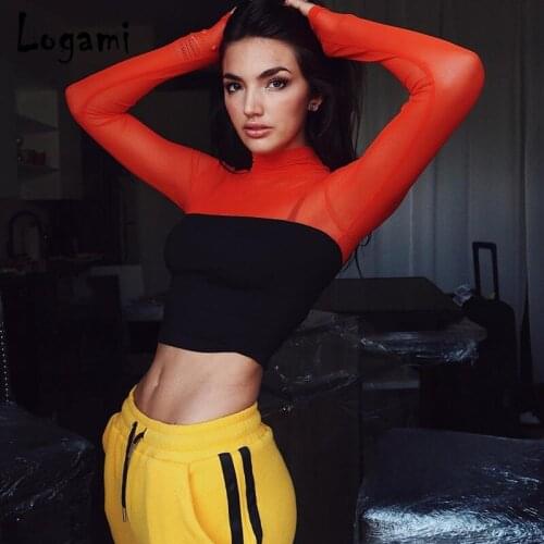 LOGAMI 2018 Spring Summer Women T Shirt High Neck Slim Short Crop Top Stitching Long Sleeve Sexy Tshirt