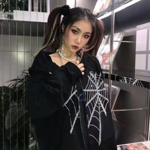 Hoodie Womens Rhinestone Spider Web Hooded Gothic Jacket Black Punk Zip up Coat Harajuku Grunge Sweatshirt Emo Alt Clothing top