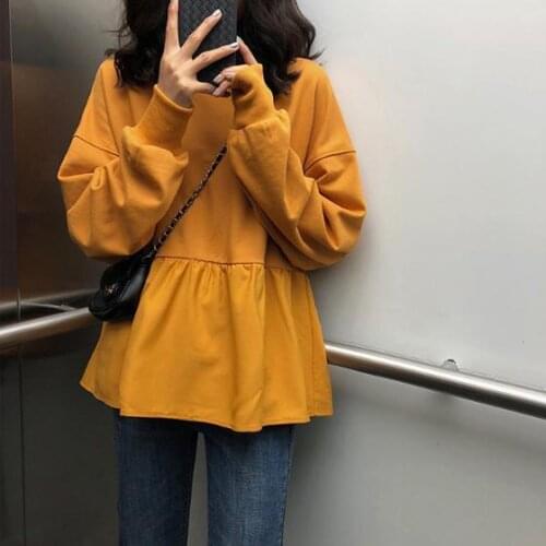 Womens Hoodies Pullover O Neck Solid Color Long Sleeves Cotton Cute Loose Hem Tops Wholesale 2021 Fashion Casual Lady Clothing