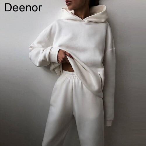 Deenor Women Sets Elegant Solid Warm Hoodie Sweatshirts and Long Pant Fashion Two Piece Sets Ladies Sweatshirt