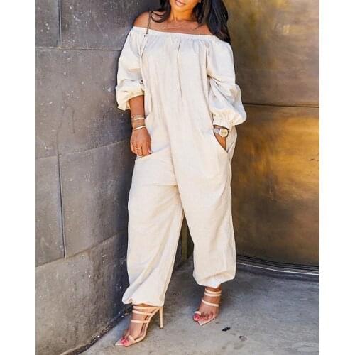 S-4XL Women Short Sleeve Wide Loose Summer Casual Pocket Overalls Sports Jumpsuits Off Shoulder Solid Lantern Sleeve Jumpsuit