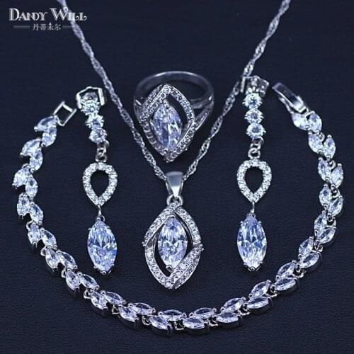 Unique Marquise White Cubic Zirconia Silver Color Bridal Jewelry Sets For Women Party Earrings/Pendant/Necklace/Bracelets/Ring