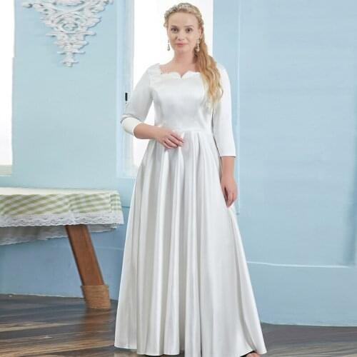 White Square Collar Fashion Evening Dress Three Quarter Sleeves Elegant Floor-Length A-Line Plus Size Women Formal Gowns D1075