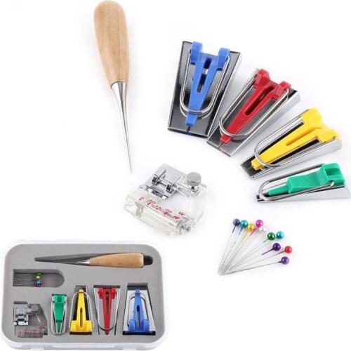 16pcs Fabric Bias Binding Tape Maker Kit Binder Foot Wooden Awl Pins Household DIY Quilting Patchwork Sewing Tools Set