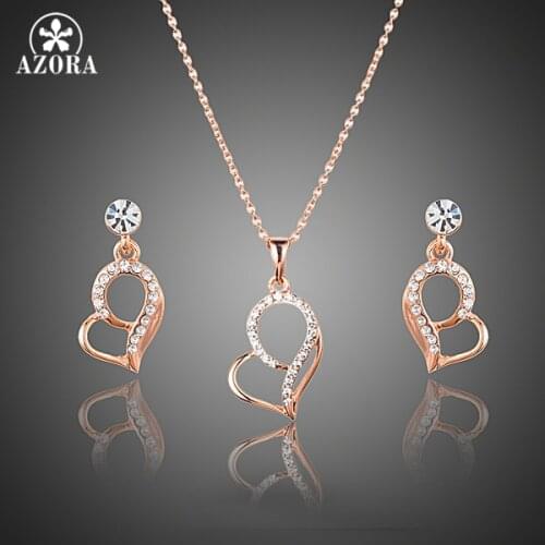 AZORA Lovers Gift Heart Shape Rose Gold Color Stellux Austrian Crystal Drop Earrings and Pendant Necklace Jewelry Set TG0174