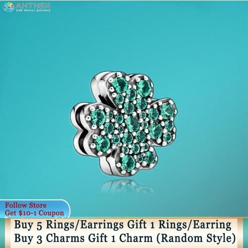 Ahthen 925 Sterling Silver Pave Four-Leaf Clover Clip Charm fit Original Pandora Bracelets for Women Jewelry Making Girl Gift