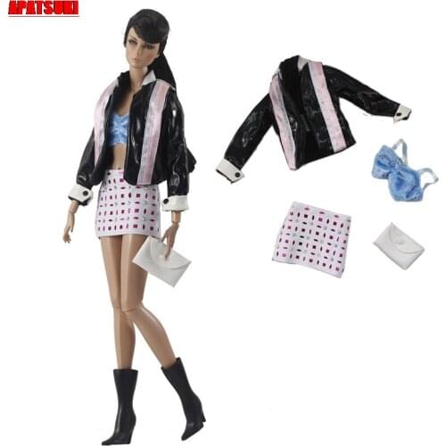 Black Fashion Doll Clothes Set for Barbie Doll Outfits Accessories Leather Coat Bra Skirt & Purse For 11.5" BJD Kids Toys 1/6