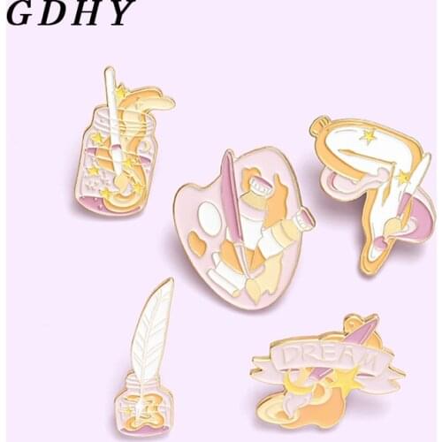 GDHY Dream Painting Artist Enamel Pins Brush Palette Time space Twist clock Badges Lapel Pin Brooches Jewelry Gifts for Friend