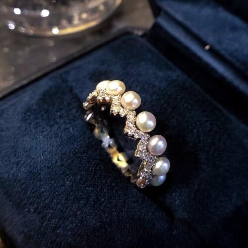 Luxury Female Crystal White Pearl Ring Real 925 Sterling Silver Engagement Ring Vintage Small Wedding Rings For Women