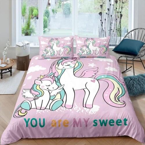 Pink Unicorn Cartoon Kids Duvet Cover Set 3D Child Cute Lovely Kawaii Bedding Set Pillowcases Luxury Girls Single Twin King Size
