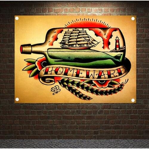 Ship and Whale in a Bottle Nautical Tattoo Art Print Posters Banners Wall Chart Tapestry Flag Home Decor Upholstery Sticker