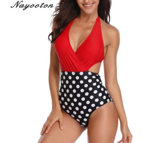 Sexy One-piece swimsuit solid top and print bottom swimwear women Retro Beach Bathing Suit tummy control monokini swimsuits