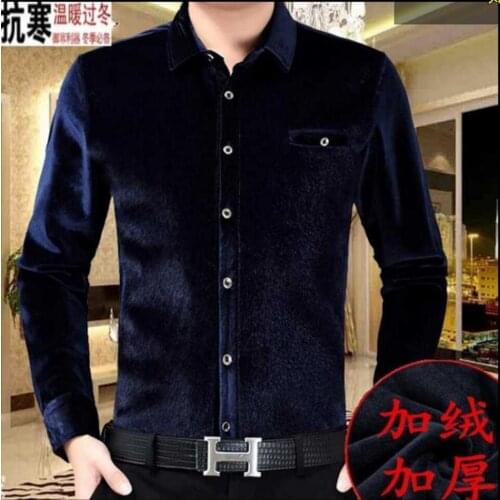 M-3xl Winter New Middle-aged Men Plus Velvet Thick Shirt Imitation Mink Velvet Business Solid Color Long Sleeve Shirts Clothing