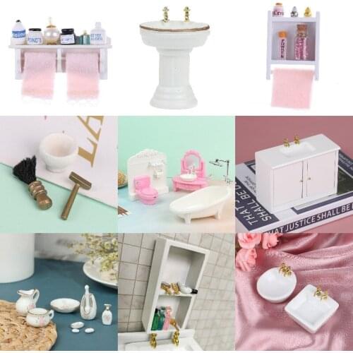 1:12 Dollhouse Miniature Hand Sink Shaver Set Brush Razor Towel Makeup Rack Bath Set Bathroom Model Decor Furniture Accessories