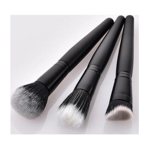 Black color 3pcs makeup brushes set wooden handle with aluminum tube and nylon wool