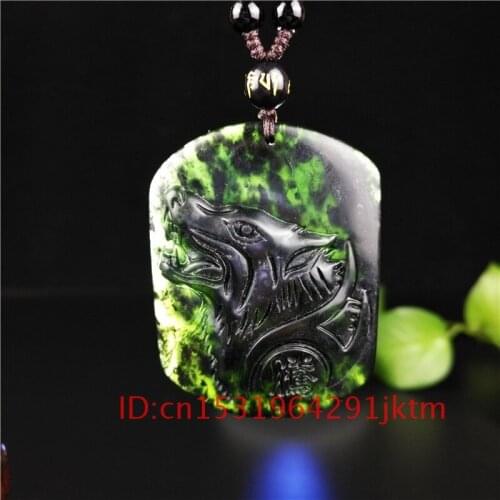 Natural Green Jewelry Black Accessories Chinese Pendant Necklace Charm Wolf Obsidian Head Amulet Jade Carved Men Gifts for