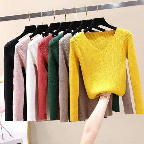 2019 Autumn And Winter new Korean women sweater all-match long sleeved shirt slim V-neck knit female thread tight Pullover