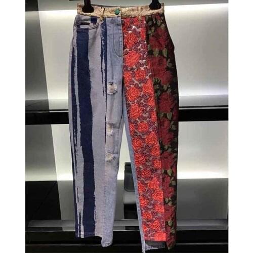 Cosmicchic 2021 Summer Jeans Woman Rose Patchwork High Waist Jacquard Casual Pants Top Quality Fashion Denim Pants Streetwear