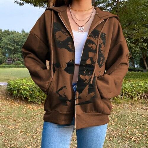 Spring Fall Casual Women Coat Portrait Print Long Hooded Tops with Zipper and Pockets Outwear