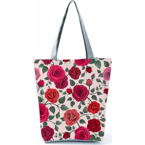 New Romantic Red Rose Printed Handbags Bright Color Reusable Large Womens Bag High Capacity Polyester Harajuku Eco Totes