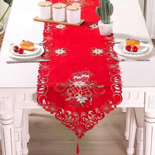 Christmas Red Hollow Embroidered Table Flag Wedding Home TV Cabinet Cover Cloth Coffee Table Cloth Red Table Runner 50P
