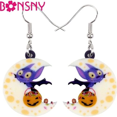 Bonsny Acrylic Halloween Happy Bat Pumpkin Moon Earrings Drop Dangle Fashion Cartoon Jewelry For Women Girls Teens Cute Charms