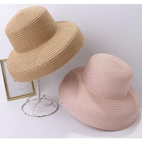 2020 Womens Vintage Hepburn Straw Sun Hat Bell Shaped Wide Brim Vacation Beach Cap Summer Solid Color UV Protection Travel Caps