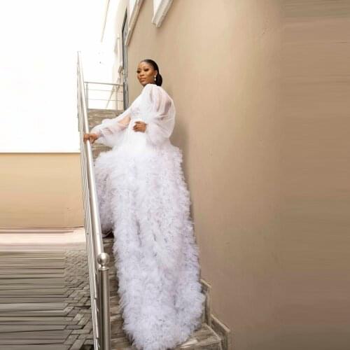 Sexy Puffy Bridal Tulle Robes For Wedding Long Sleeves See Thru Ruffles Long Train Women Tulle Dressing Gowns Plus Size