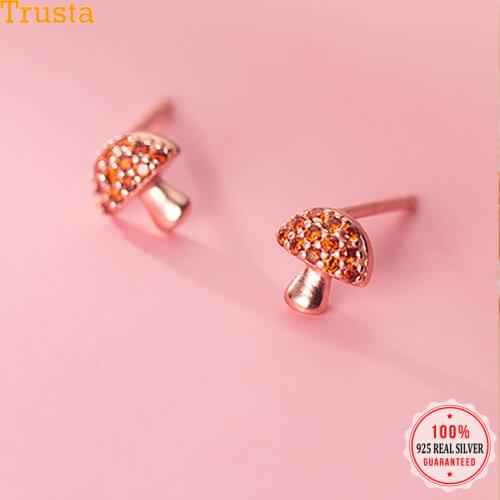 Trusta Genuine Fashion 925 Sterling Silver Sweet Cute Rose Mushroom Dazzling CZ Stud Earring For Women Fin Jewelry Gift DS2589