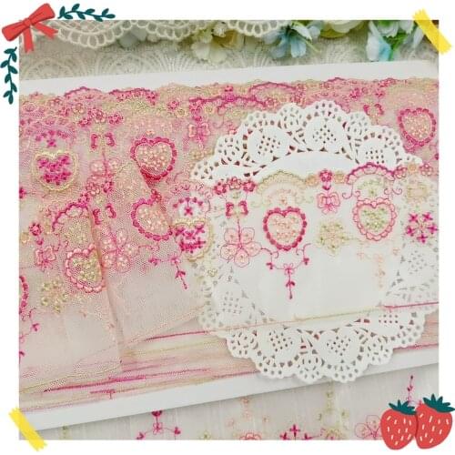29Yards Pink Hearts Bows Flowers Embroidery Lace Trim Tulle Mesh Fabric For Lingerie Underwear Bra Bedding Dress Decor Handmde