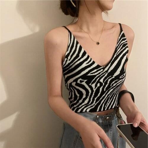 Moeroshe Zebra Pattern Crop Top for Women Knitted Striped Short Tank Tops Cute Girls 2021 Summer Korean Tank Top Black Clothing