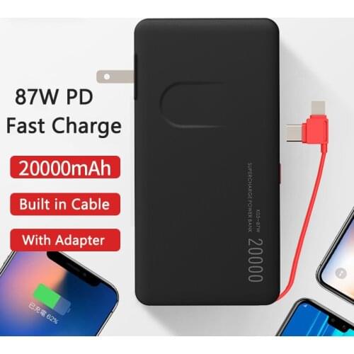 20000mAh Power Bank with Cable Plug 87W QC PD 3.0 Fast Charging Powerbank for iPhone 12 Huawei Xiaomi Laptop Notebook Powerbank